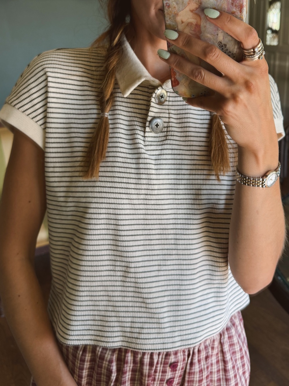 Anthropologie Boxy Cropped Short Sleeve Polo Beige Black Stripe sz small